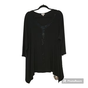 Avenue Women's Plus Black Tunic with Drape Hemline Gem Studded Neckline - 22/24
